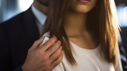 sexual harassment concept with businessman touching female colleague on the shoulder
