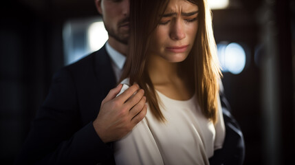 Rape and sexual assault at work  concept with terrified young woman being inappropriately touched by colleague - obrazy, fototapety, plakaty