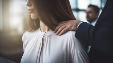 sexual harassment concept with businessman touching female colleague on the shoulder