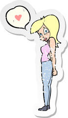 retro distressed sticker of a cartoon woman in love