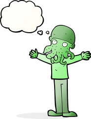 cartoon alien squid face man with thought bubble