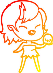 warm gradient line drawing of a cartoon laughing vampire girl with skull