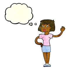 cartoon woman waving with thought bubble