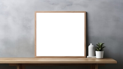 Fototapeta na wymiar Wood photo frame mockup on gray wall background, blank poster template. Minimalistic interior table vase with flowers decor