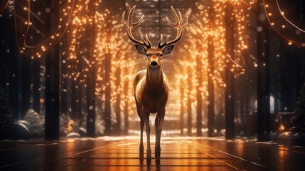 City sparkle: Christmas deer adorned with lights on a captivating black background, bringing festive charm to the urban decor.
