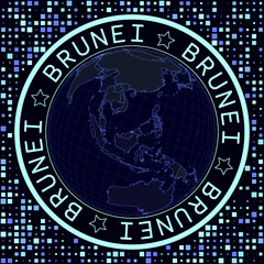 Brunei on globe vector. Futuristic satelite view of the world centered to Brunei. Geographical illustration with shape of country and squares background. Bright neon colors on dark background.