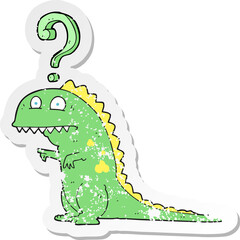 retro distressed sticker of a cartoon confused dinosaur