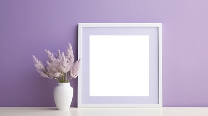 White photo frame mockup on lilac purple wall background, blank poster template. Minimalistic interior table vase with flowers decor