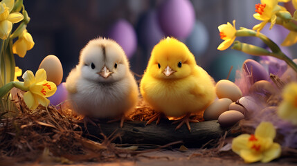 Easter background for banner with chickens, Easter eggs and flowers