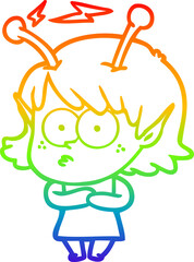 rainbow gradient line drawing of a cartoon alien girl