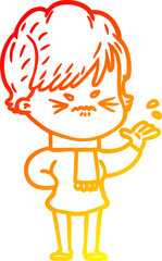 warm gradient line drawing of a cartoon frustrated woman