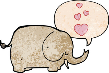 cute cartoon elephant with love hearts with speech bubble in retro texture style