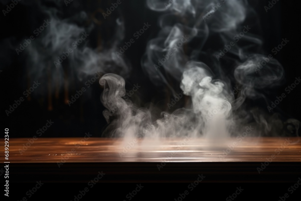 Poster A wooden table covered in a thick layer of smoke. Perfect for adding a mysterious and atmospheric touch to your designs