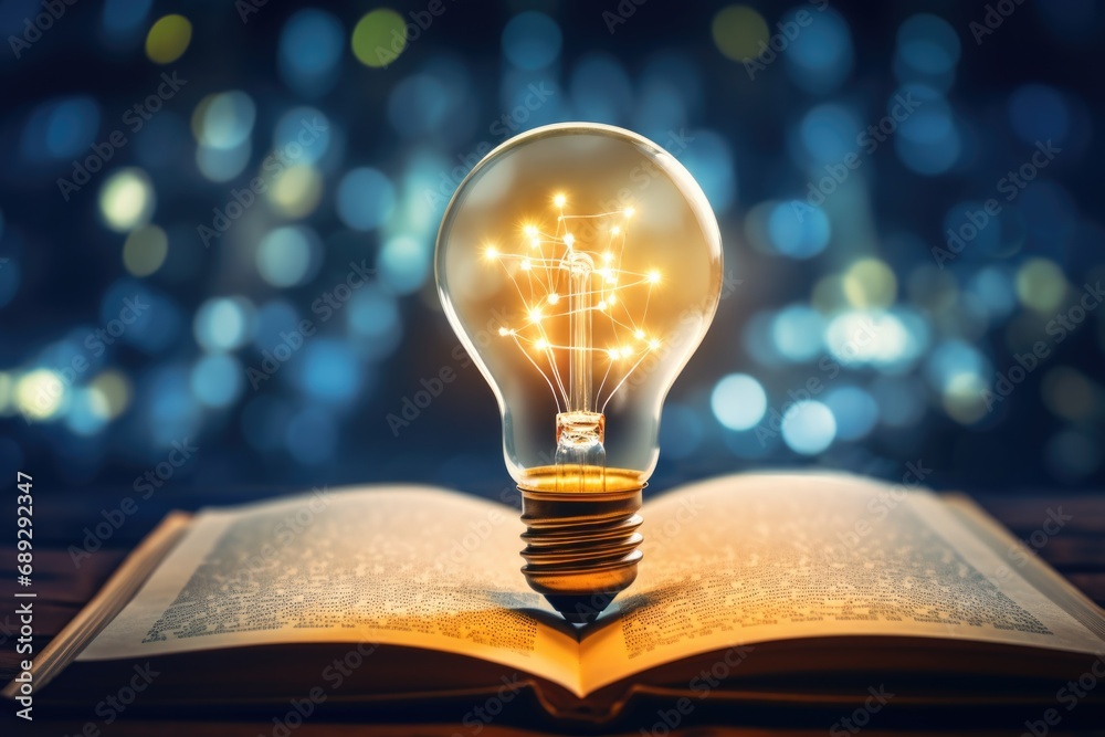 Wall mural A light bulb sitting on top of an open book. This image can be used to represent creativity, ideas, inspiration, or education