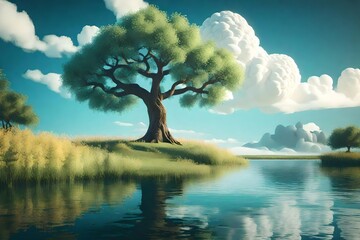 Fototapeta na wymiar 3D illustration featuring a landscape theme, showing a cheerful tree with a cloud covering calm water.