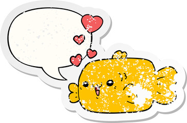 cute cartoon fish with love hearts with speech bubble distressed distressed old sticker