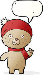 cartoon waving teddy bear with speech bubble