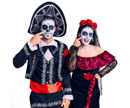 Young couple wearing mexican day of the dead costume over background pointing with hand finger to face and nose, smiling cheerful. beauty concept