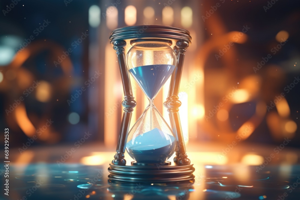 Poster an hourglass sitting on top of a table. perfect for illustrating the passing of time and the concept