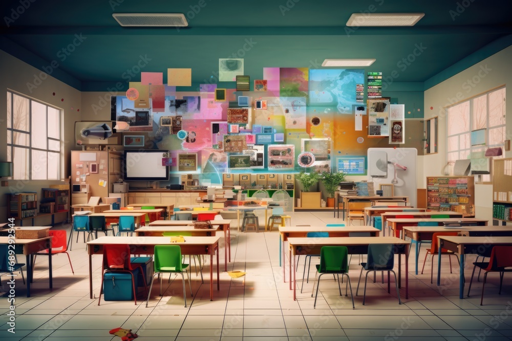Poster a typical classroom setup with tables and chairs, decorated with educational pictures on the wall. s