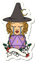 sticker of a human witch with natural one D20 roll