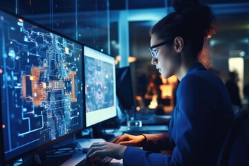 A woman sitting at a desk, focused on using a computer. Suitable for various business and technology concepts - obrazy, fototapety, plakaty