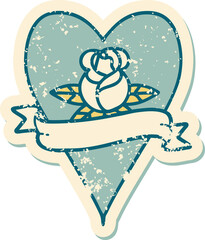 iconic distressed sticker tattoo style image of a heart rose and banner