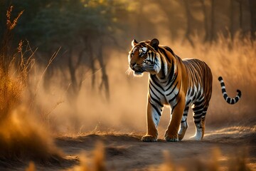 A male great tiger in its natural habitat. During the golden light period, tigers stroll. Scenery...
