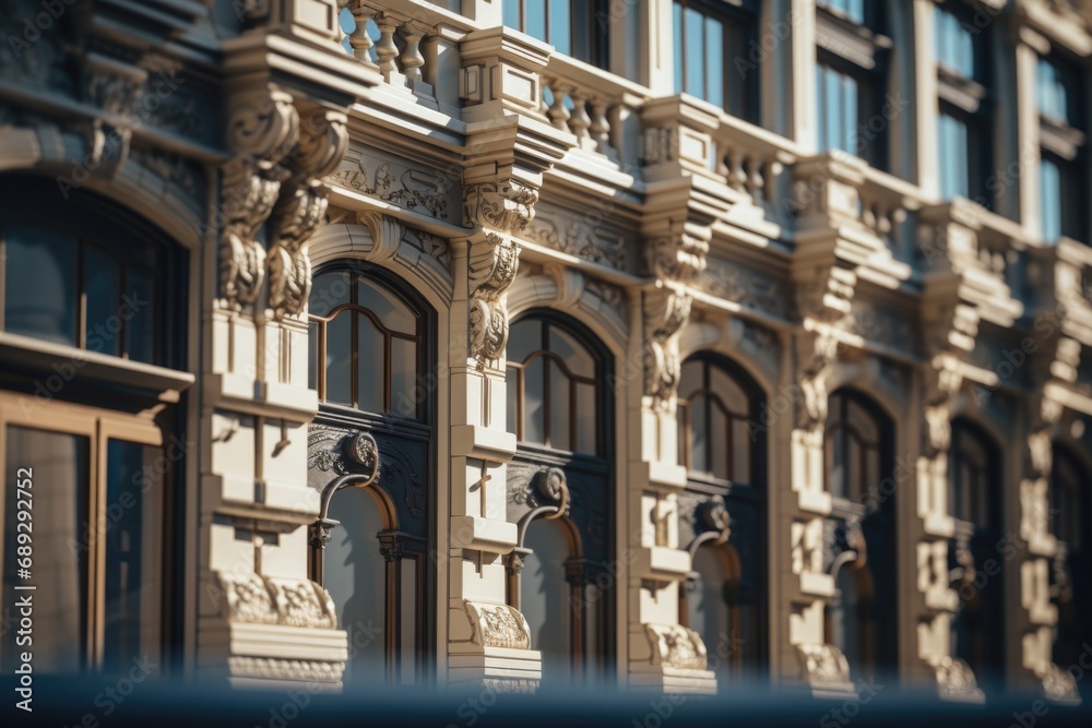 Poster A detailed view of a building showcasing its numerous windows. This image can be used to depict architectural design, urban landscapes, or modern construction projects