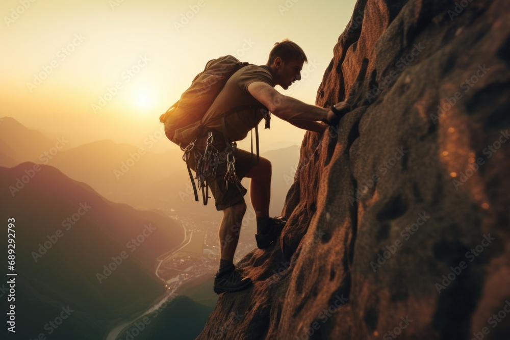Poster a man is shown climbing up the side of a mountain. this image can be used to depict determination, c