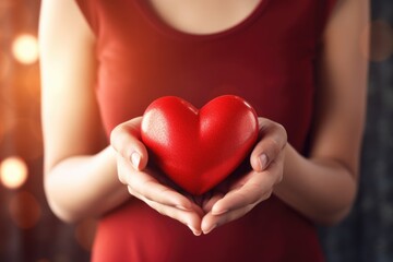 A woman holding a red heart in her hands. Perfect for Valentine's Day promotions or expressing love and affection