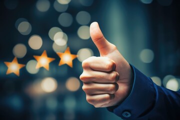 A person giving a thumbs up gesture with five stars in the background. Perfect for conveying approval or positive feedback. Ideal for use in marketing, customer reviews, or rating-related content