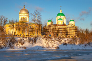 Church and the Transfiguration Cathedral in winter. Torzhok. Tver region, Russia