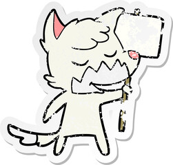 distressed sticker of a friendly cartoon fox
