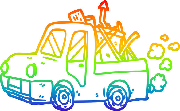 rainbow gradient line drawing of a old truck full of junk