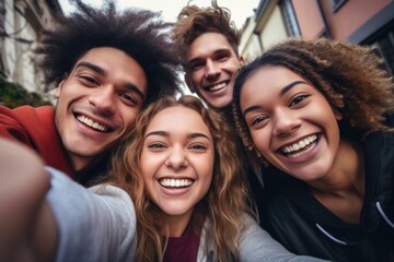 A group of friends posing together and capturing a selfie. Perfect for showcasing friendship and fun moments. Ideal for social media posts, blogs, and advertising campaigns