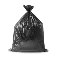 A black trash bag on a white background.