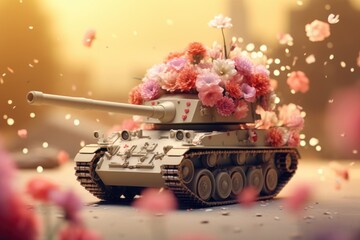 A toy tank with a playful twist, featuring a bouquet of colorful flowers on top. Perfect for adding a touch of whimsy and charm to any project or design