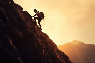 A person climbing up a steep mountain with a backpack. Perfect for adventure and outdoor activities