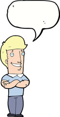 cartoon man with folded arms grinning with speech bubble