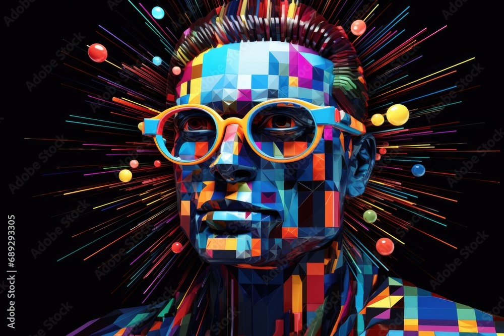 Aufkleber a man wearing glasses with a face painted in multiple colors. this image can be used for various cre