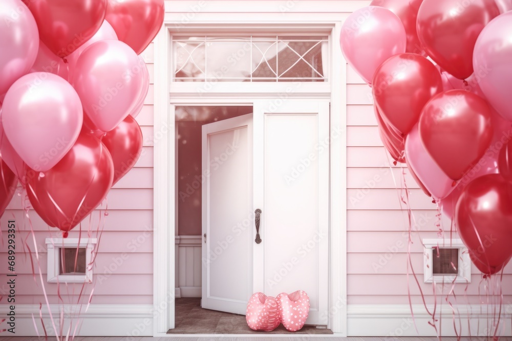 Poster a vibrant collection of red and pink balloons arranged in front of a pristine white door. ideal for 