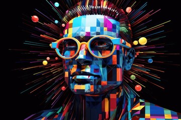 A man wearing glasses with a face painted in multiple colors. This image can be used for various creative projects