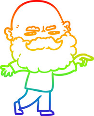 rainbow gradient line drawing of a cartoon man with beard frowning and pointing