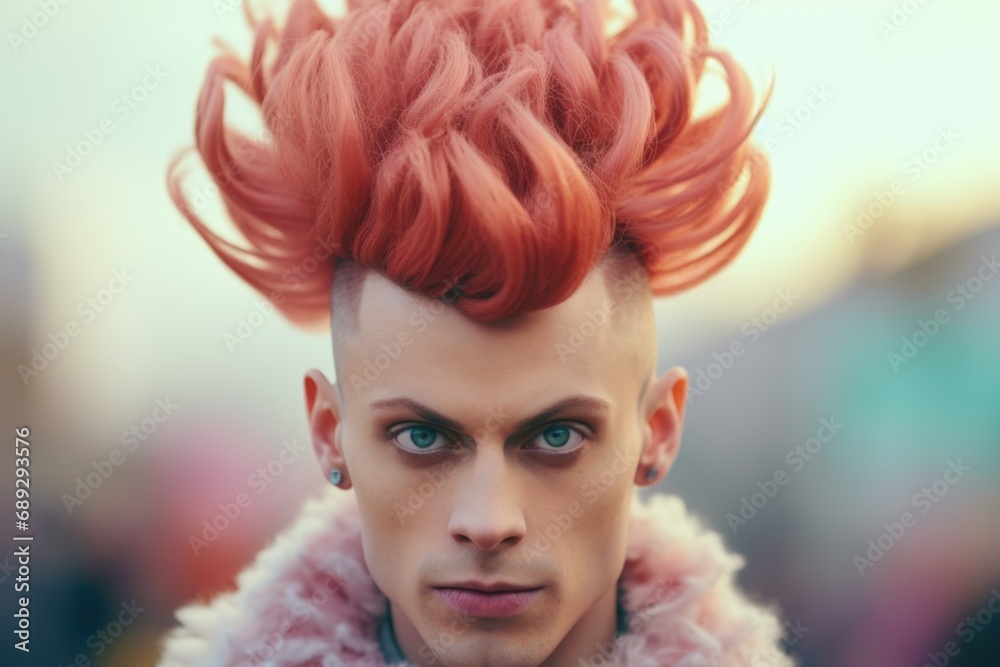 Poster a picture of a man with red hair wearing a pink jacket. this versatile image can be used in various 