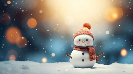 Snowman with hat and scarf on snow with bokeh background