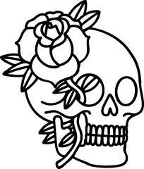 tattoo in black line style of a skull and rose