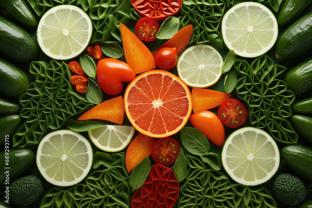 Poster A vibrant display of assorted fruits and vegetables arranged in a circular pattern. Perfect for illustrating healthy eating, farm-to-table concepts, or a colorful food background