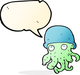 cartoon alien head wearing hat with speech bubble