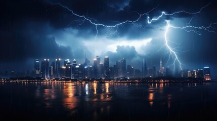 Bright lightning electrifies the black sky, creating a dramatic cityscape during a thunderstorm